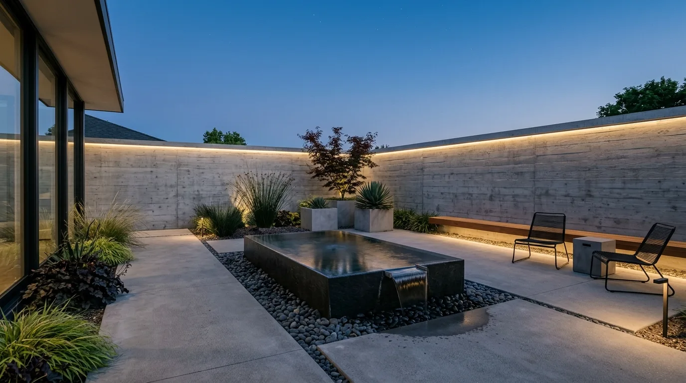 A clean minimal pool landscape with open paving and restrained plants, no people