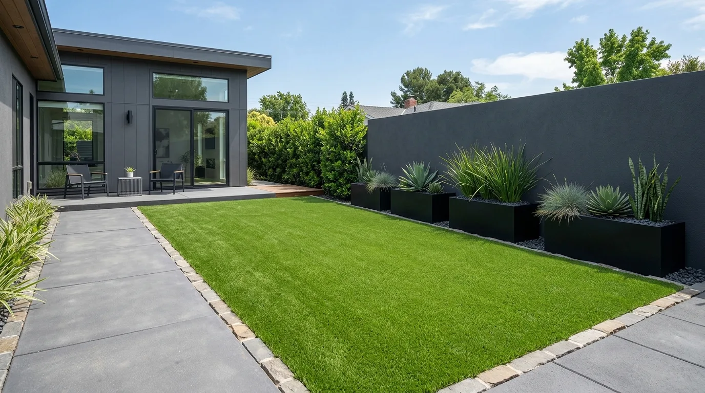A minimal urban front yard landscape with symmetry and calm surfaces, no people