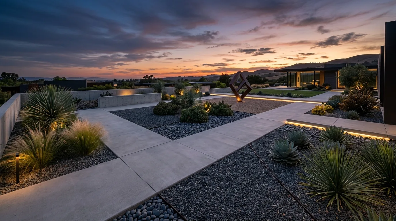 A clean minimal modern yard with balanced spacing and proportion, no people