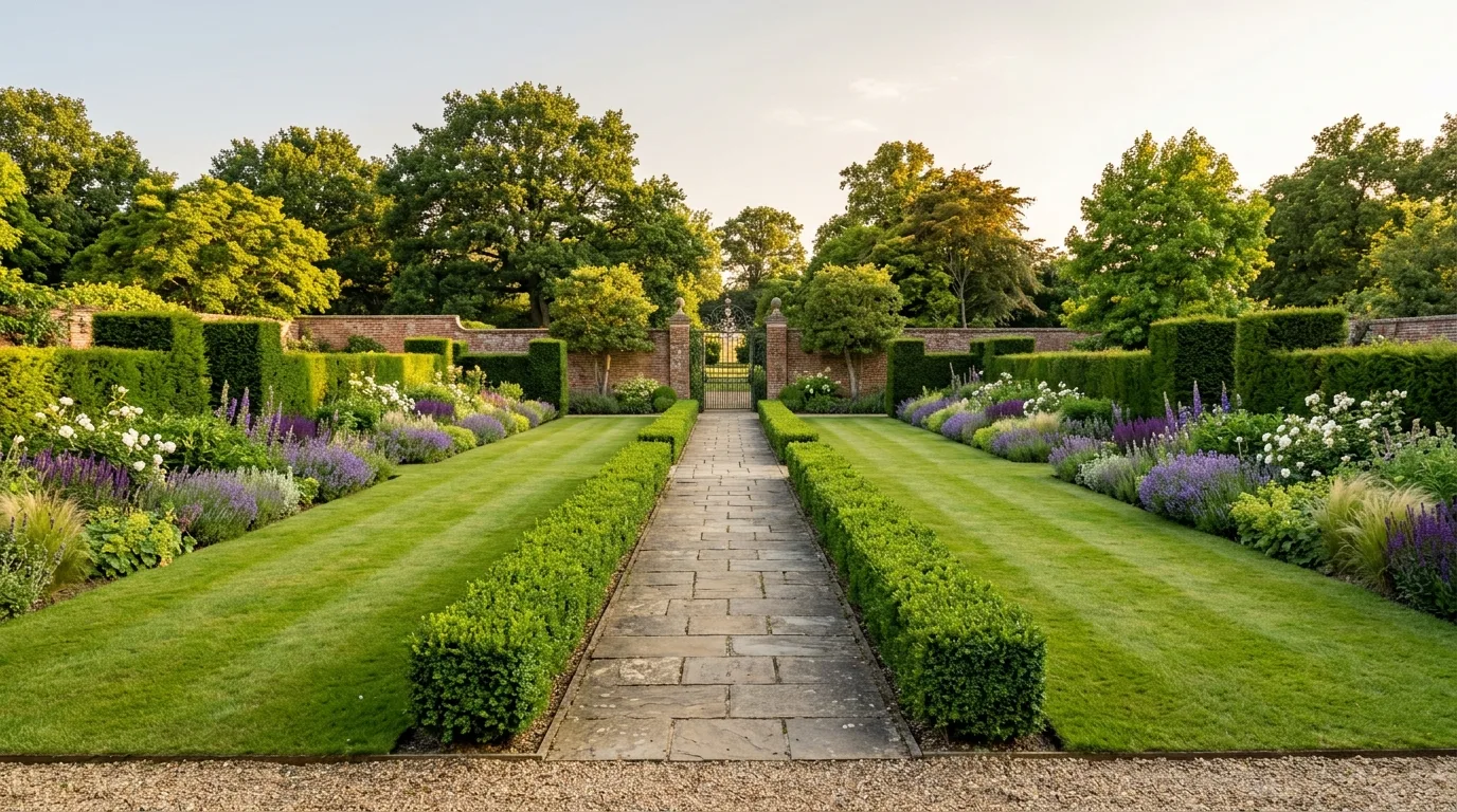 A rectangle landscape with central lawn and formal symmetry, no people