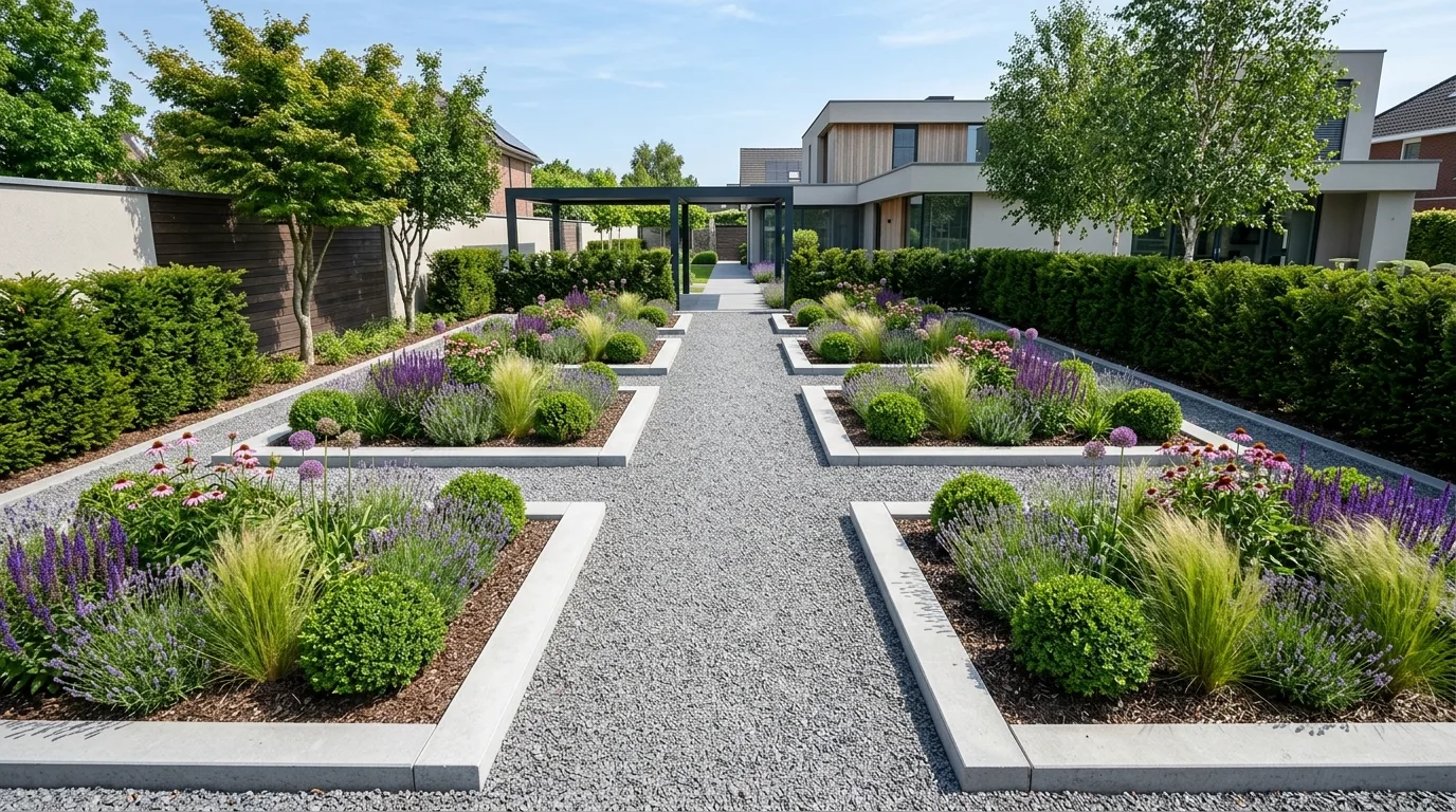 A balanced rectangle landscape patio with matching border beds, no people