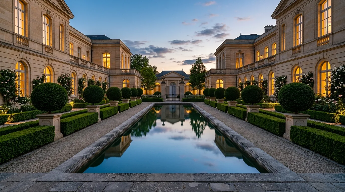 A rectangular pool landscape with echoed planting geometry, no people