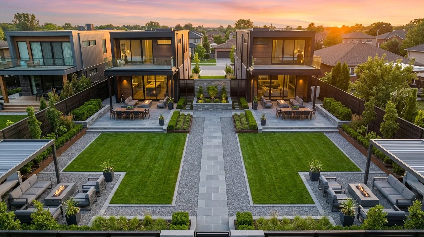A balanced rectangle landscape in a long narrow yard, no people