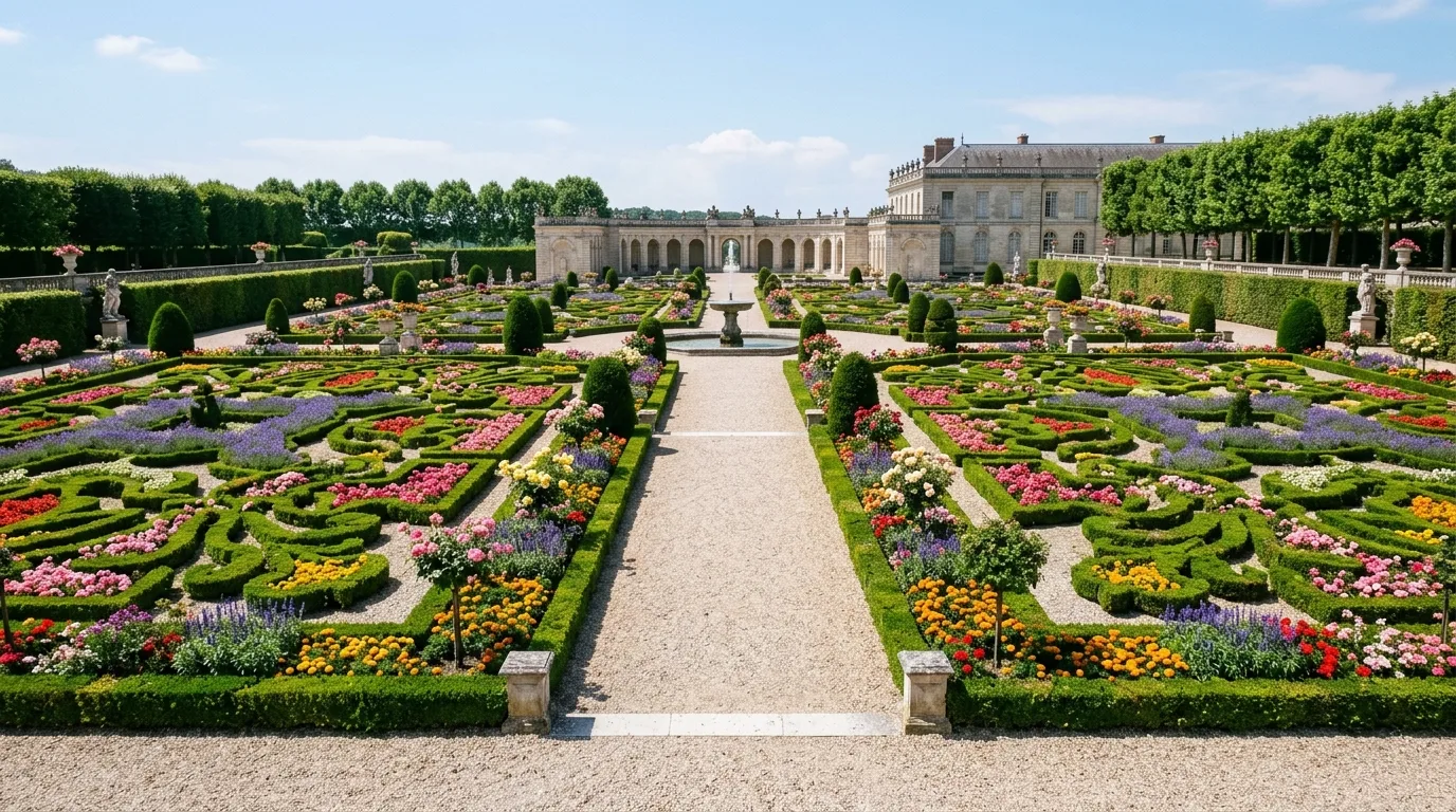 A rectangular courtyard landscape with gravel stone and clipped hedges, no people
