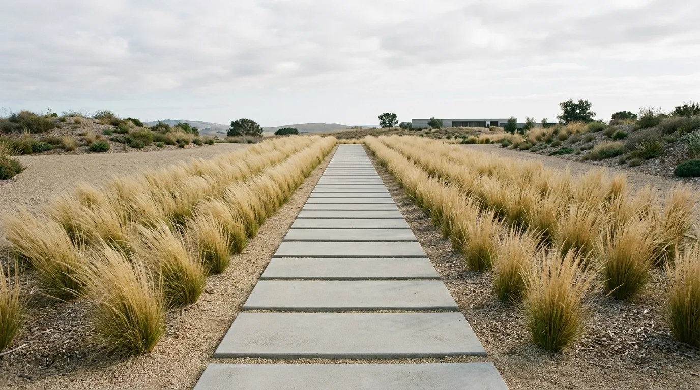 A rectangle landscape path with offset slabs across lawn, no people