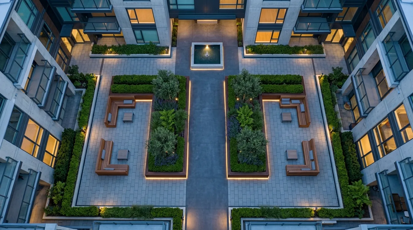 A rectangle landscape dining garden with aligned beds and paths, no people