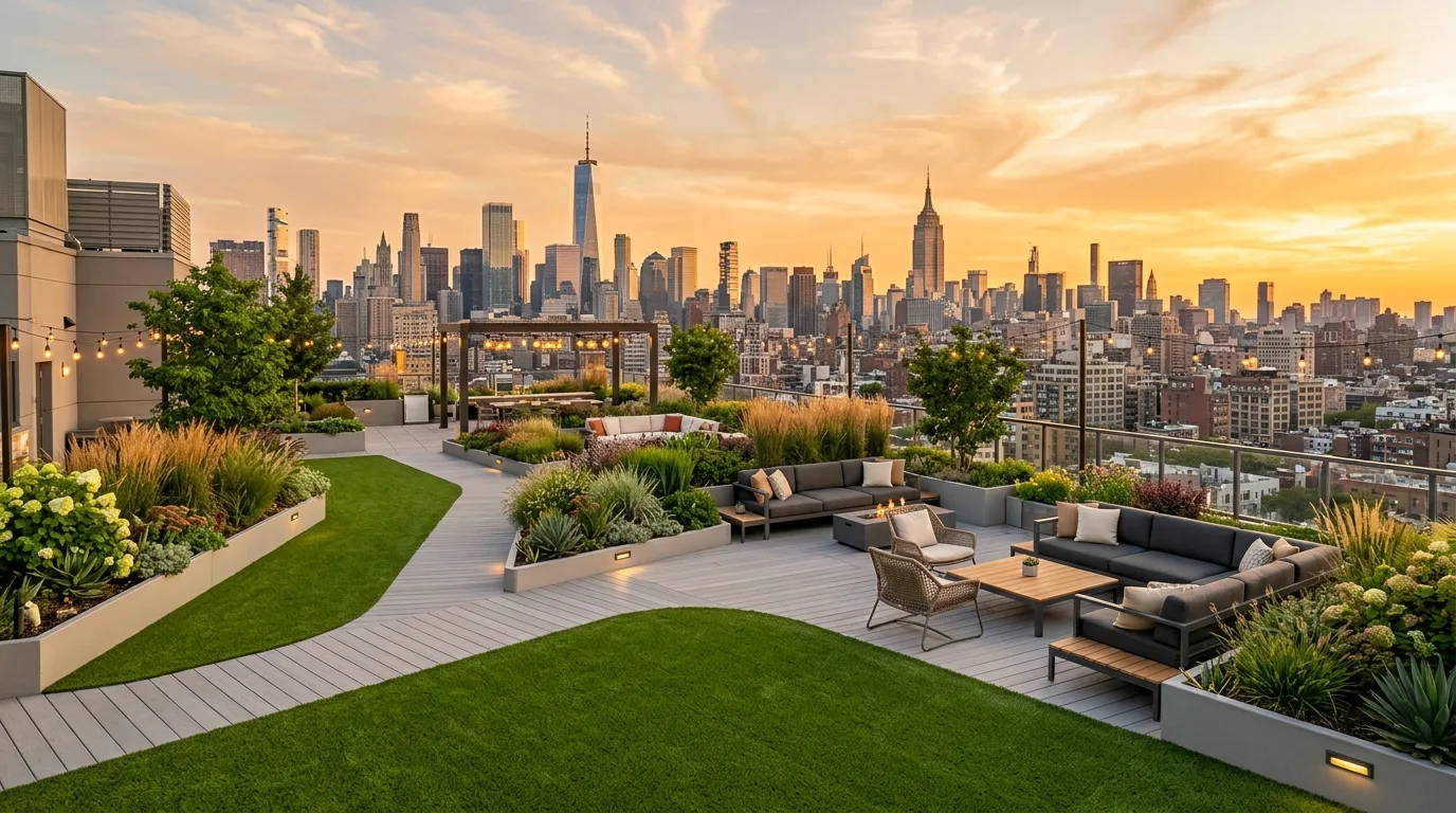 A rooftop landscape with layered planters and city skyline, no people