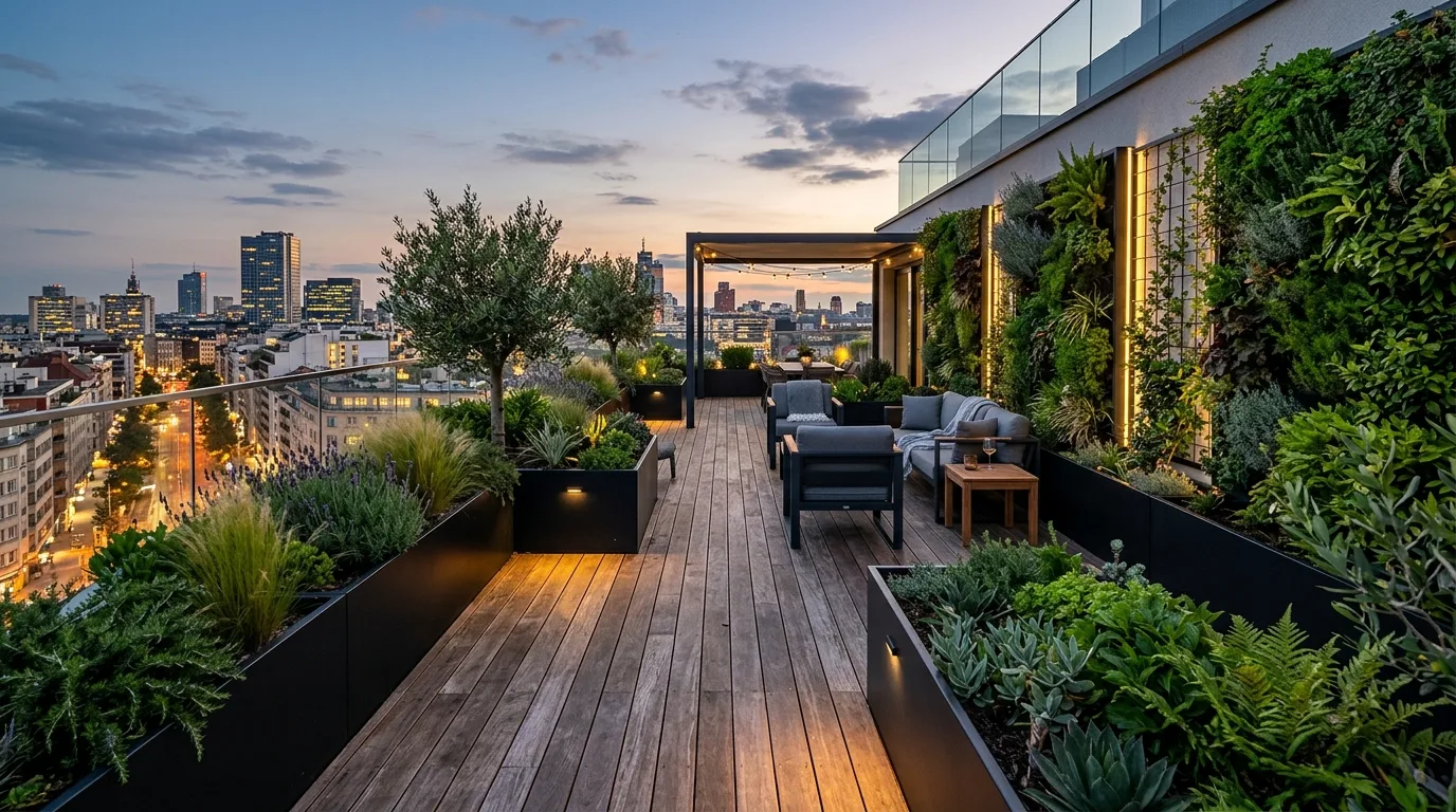 A sky high rooftop landscape with dining terrace and long planters, no people