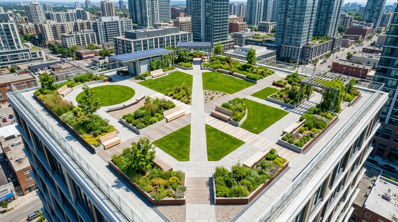 A modern rooftop landscape with gravel timber and sculptural pots, no people