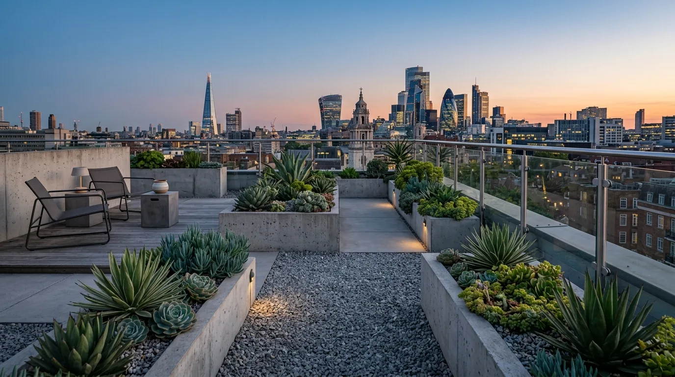 A rooftop landscape planted for pollinators with flowers and grasses, no people
