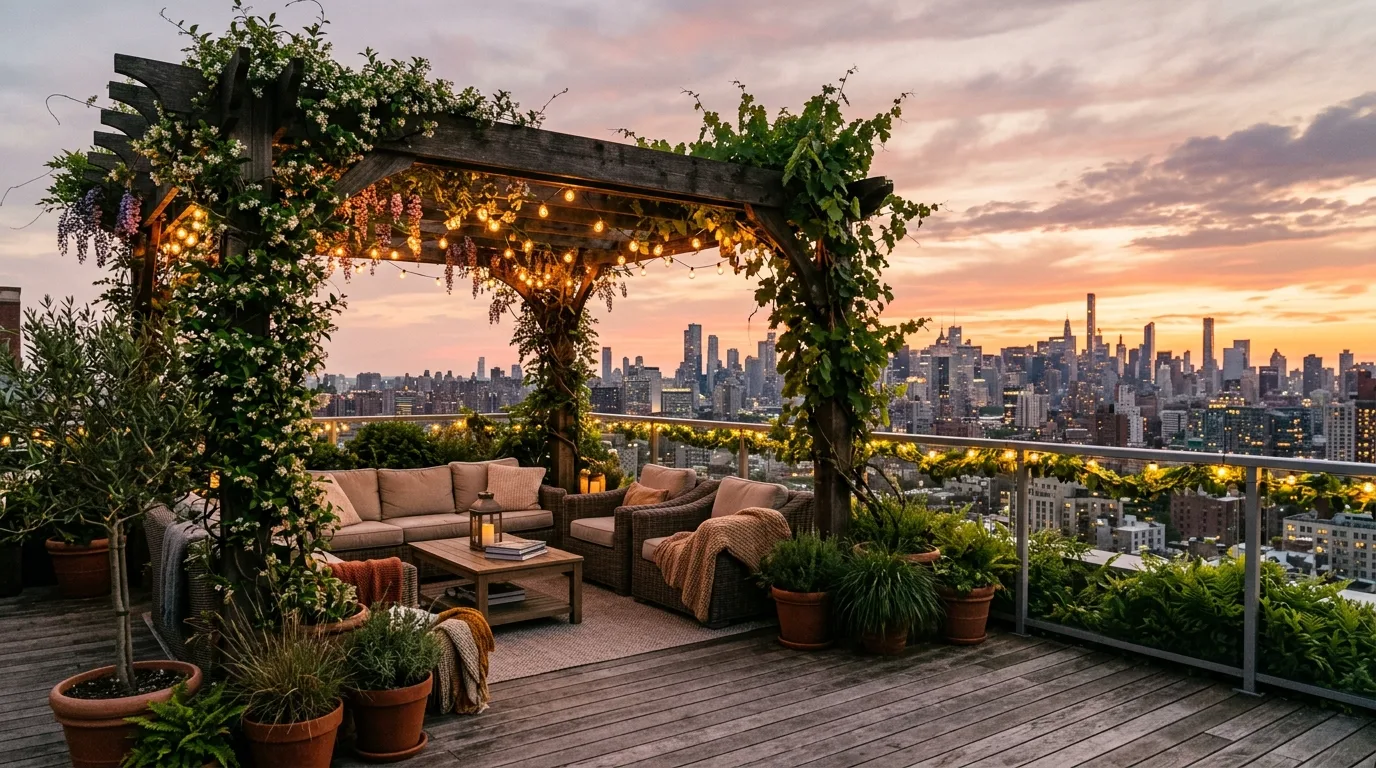 A rooftop landscape with shaded pergola retreat, no people