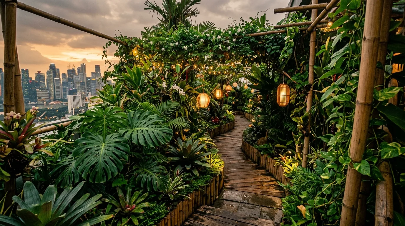 A sky high rooftop landscape with path and hidden seating nook, no people