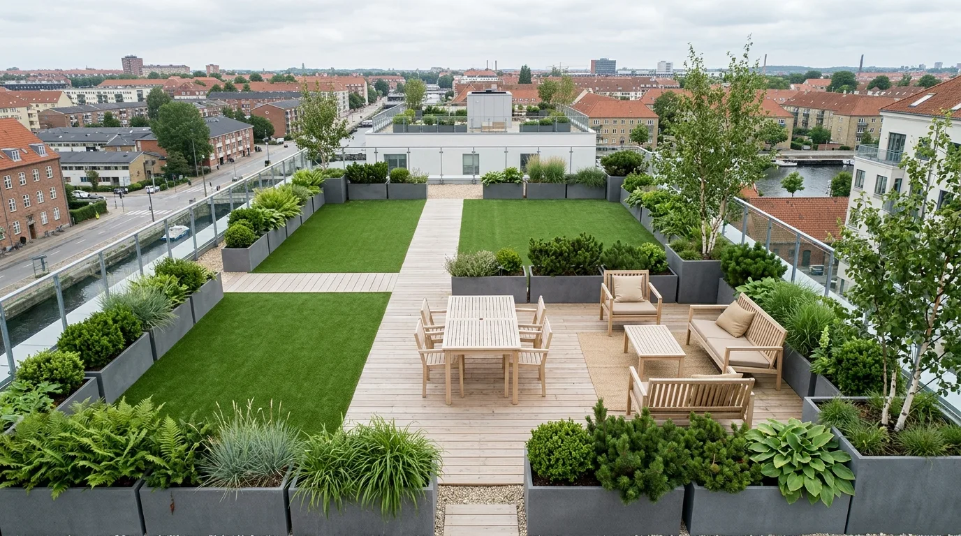 A modern rooftop landscape in black and green, no people