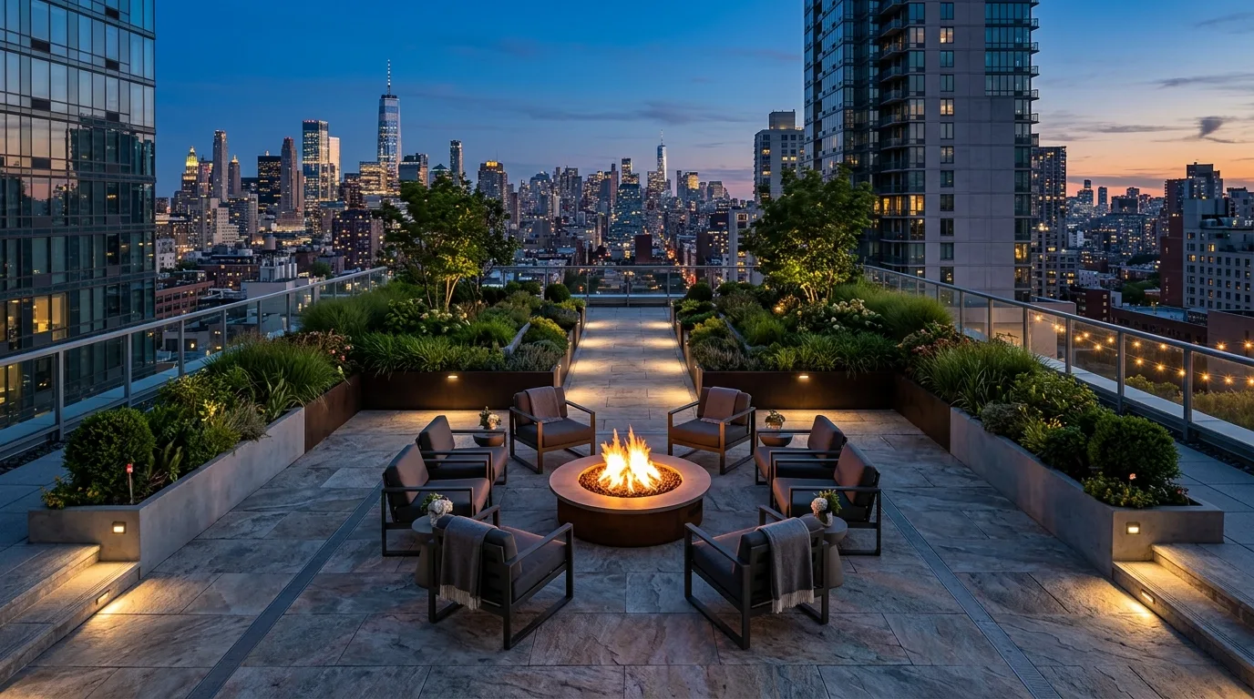 A rooftop landscape with a soft central lawn panel, no people