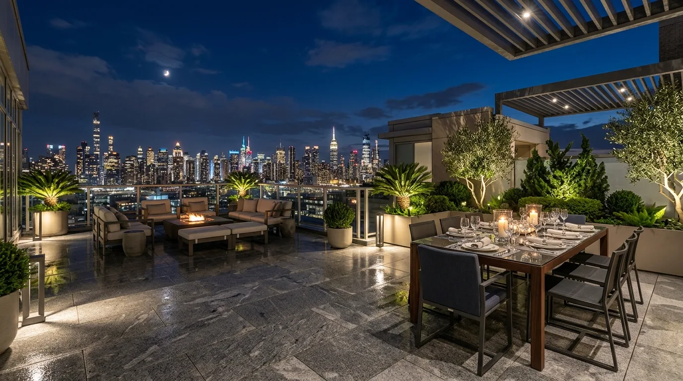 A rooftop landscape with herbs and edible planters, no people