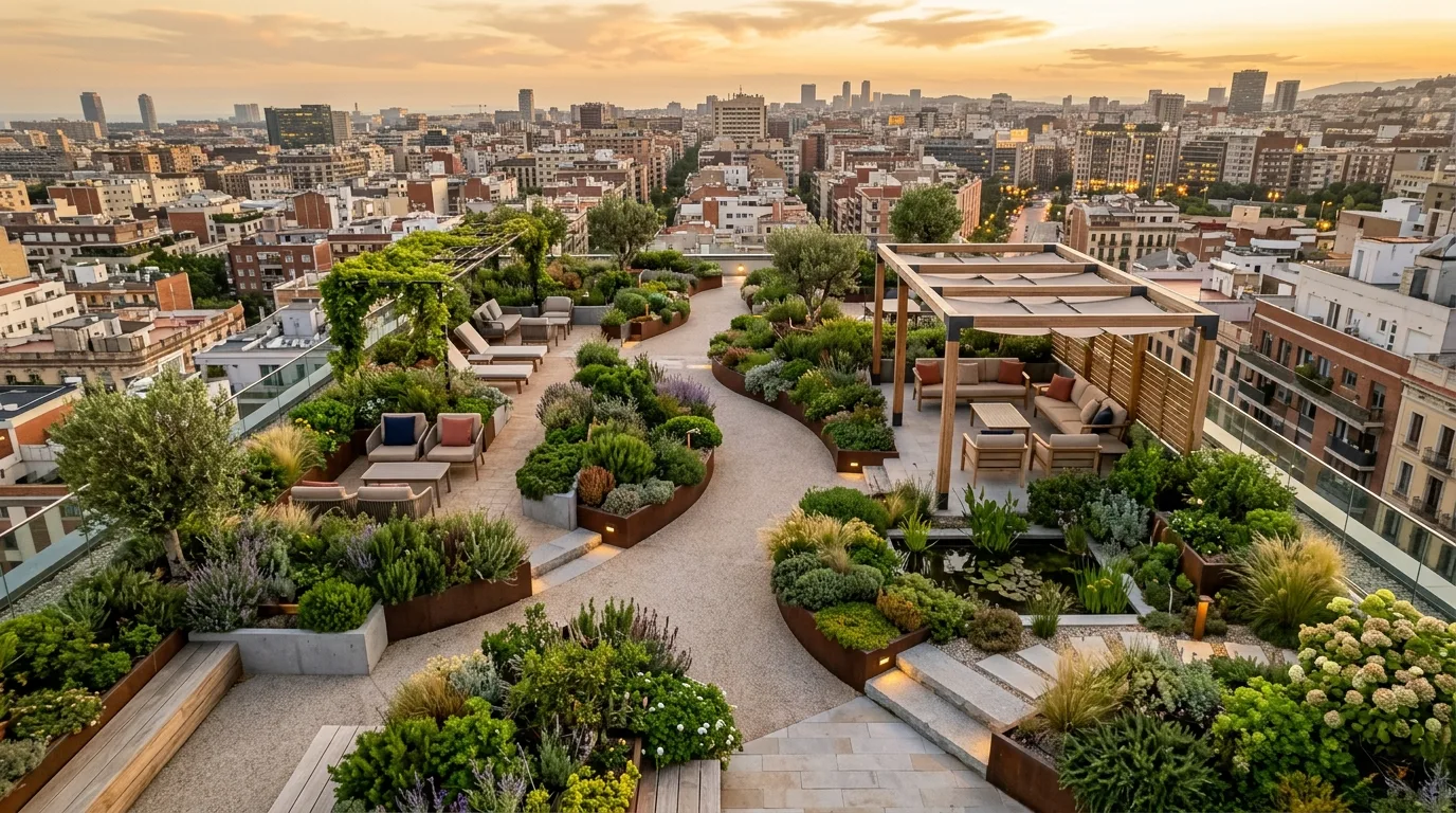 A rooftop landscape designed as a calm wellness terrace, no people