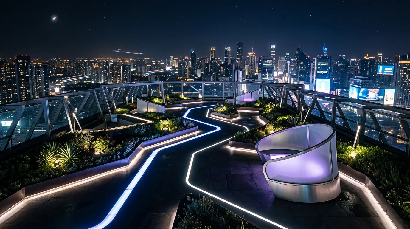 A sky high rooftop landscape balanced with planting and skyline views, no people