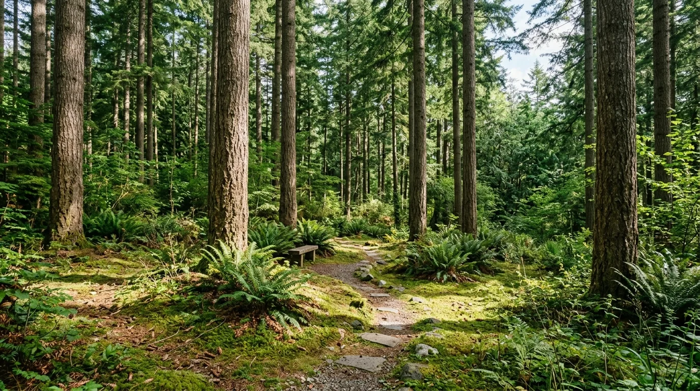 A natural forest yard landscape with winding path and ferns, no people