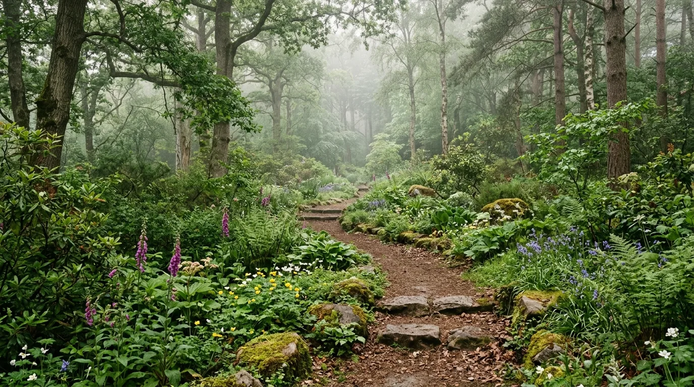 A forest yard landscape with mossy clearing and bench, no people