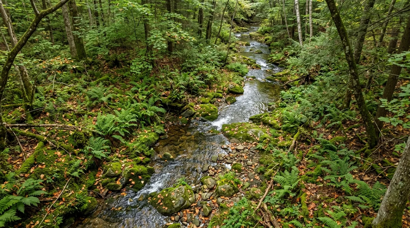 A natural forest yard landscape with stone stair on wooded slope, no people
