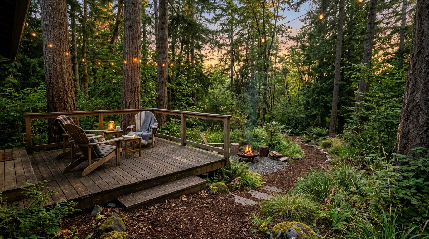A forest yard landscape by a stream with lush moisture loving plants, no people
