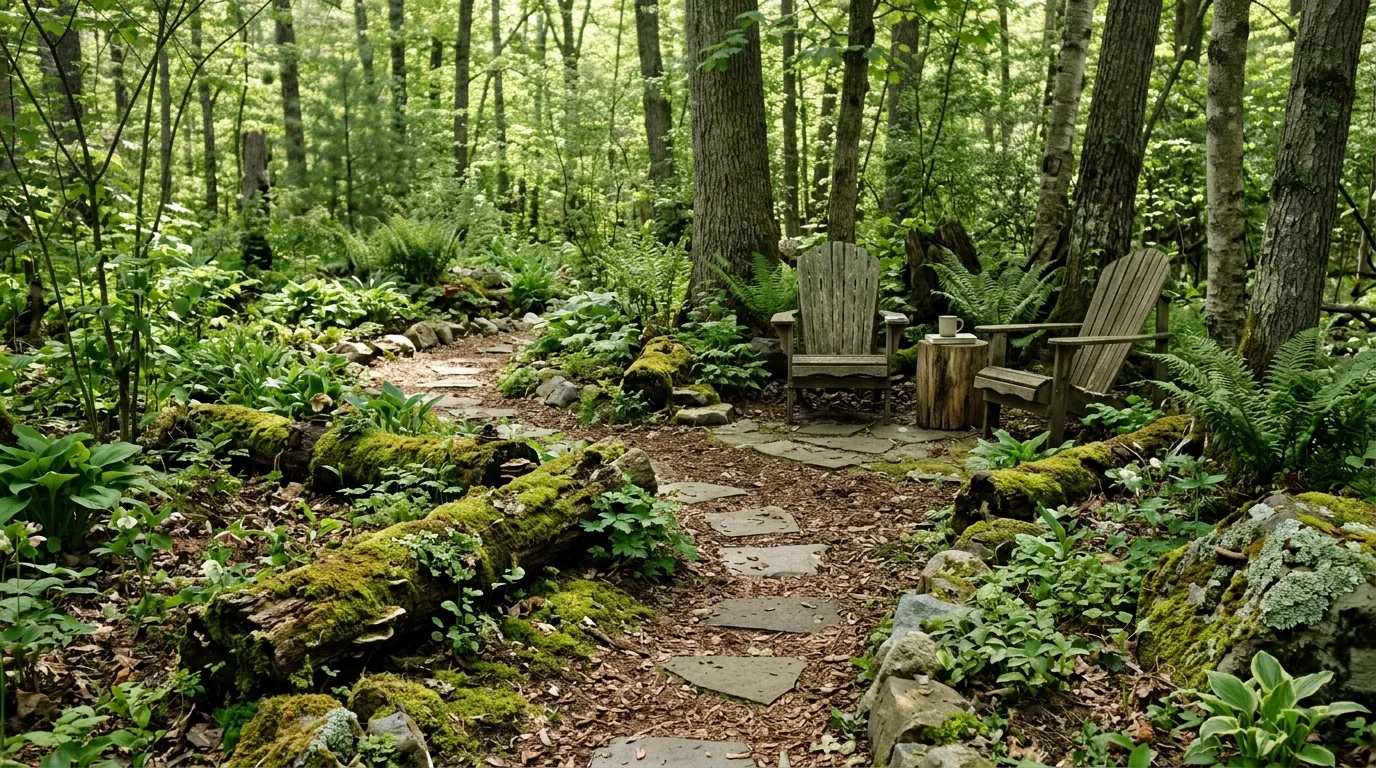 A forest yard landscape with fire circle among trees, no people
