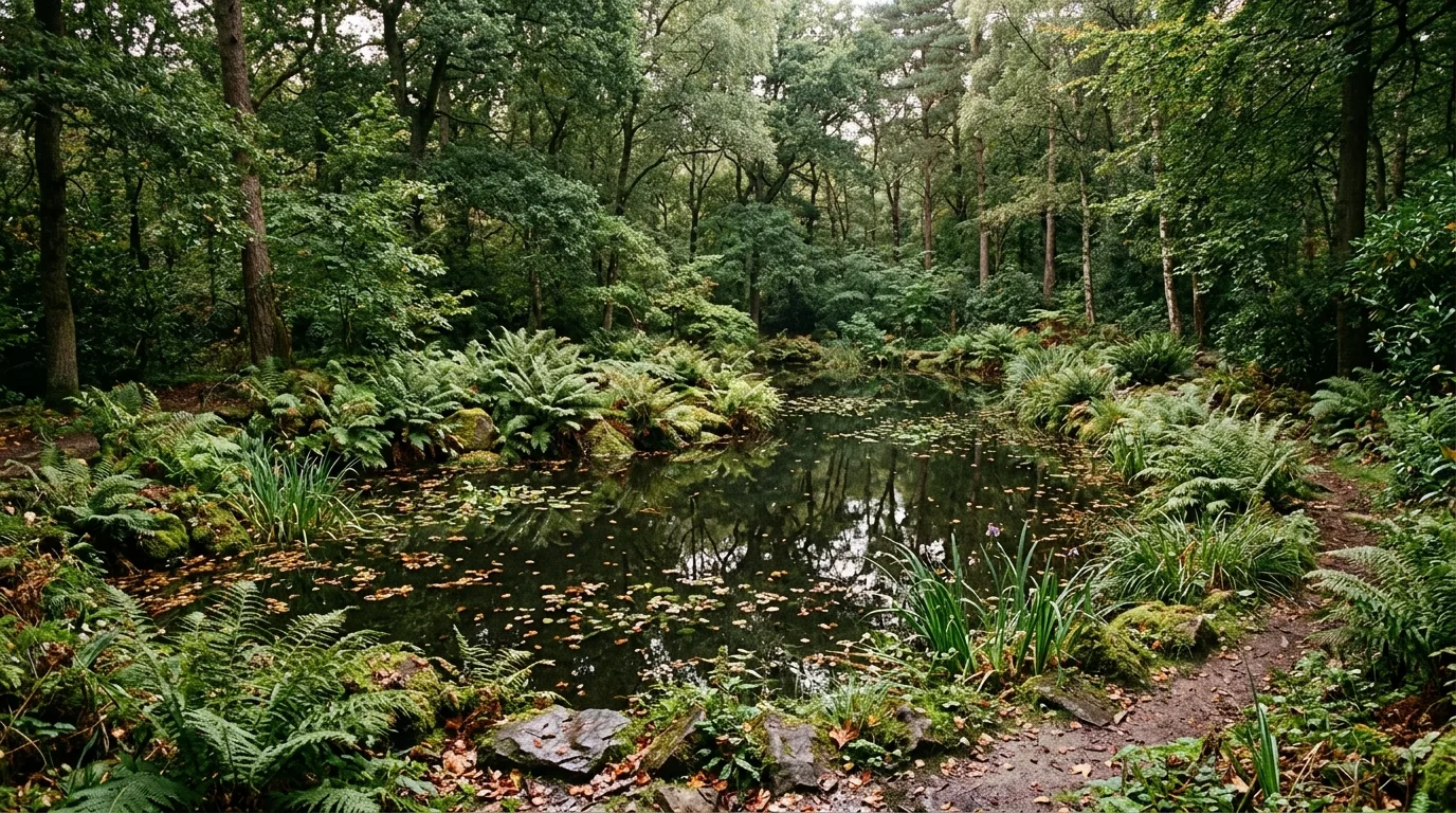 A forest yard landscape with front border blending house into greenery, no people