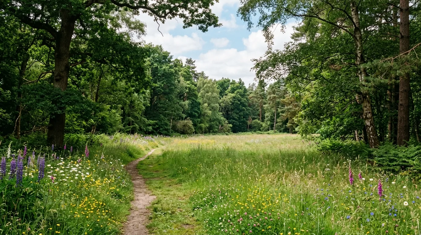 A woodland patio landscape with deep green enclosure and low lighting, no people