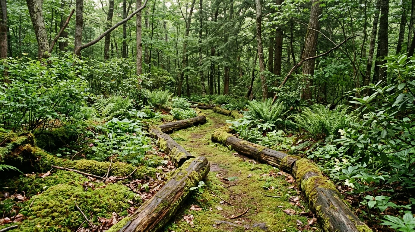 A natural forest yard landscape with small bridge over swale, no people