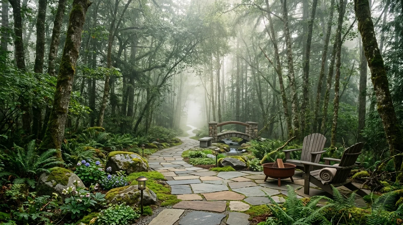 A natural forest yard landscape with fern led woodland border, no people