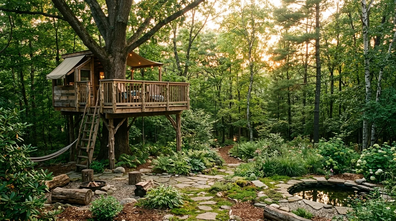 A natural forest yard landscape with paths shade and woodland texture, no people