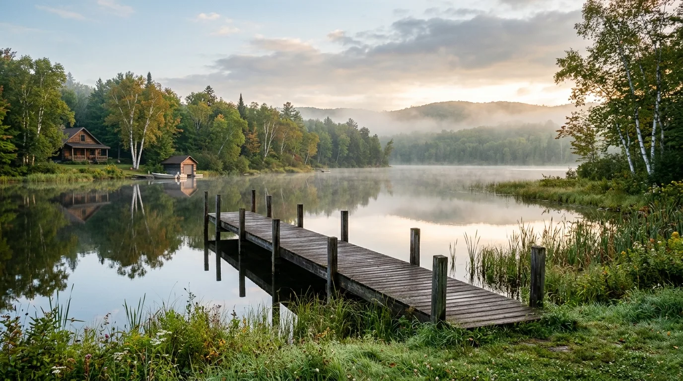 A serene lakeside landscape with stepped terraces and water view, no people