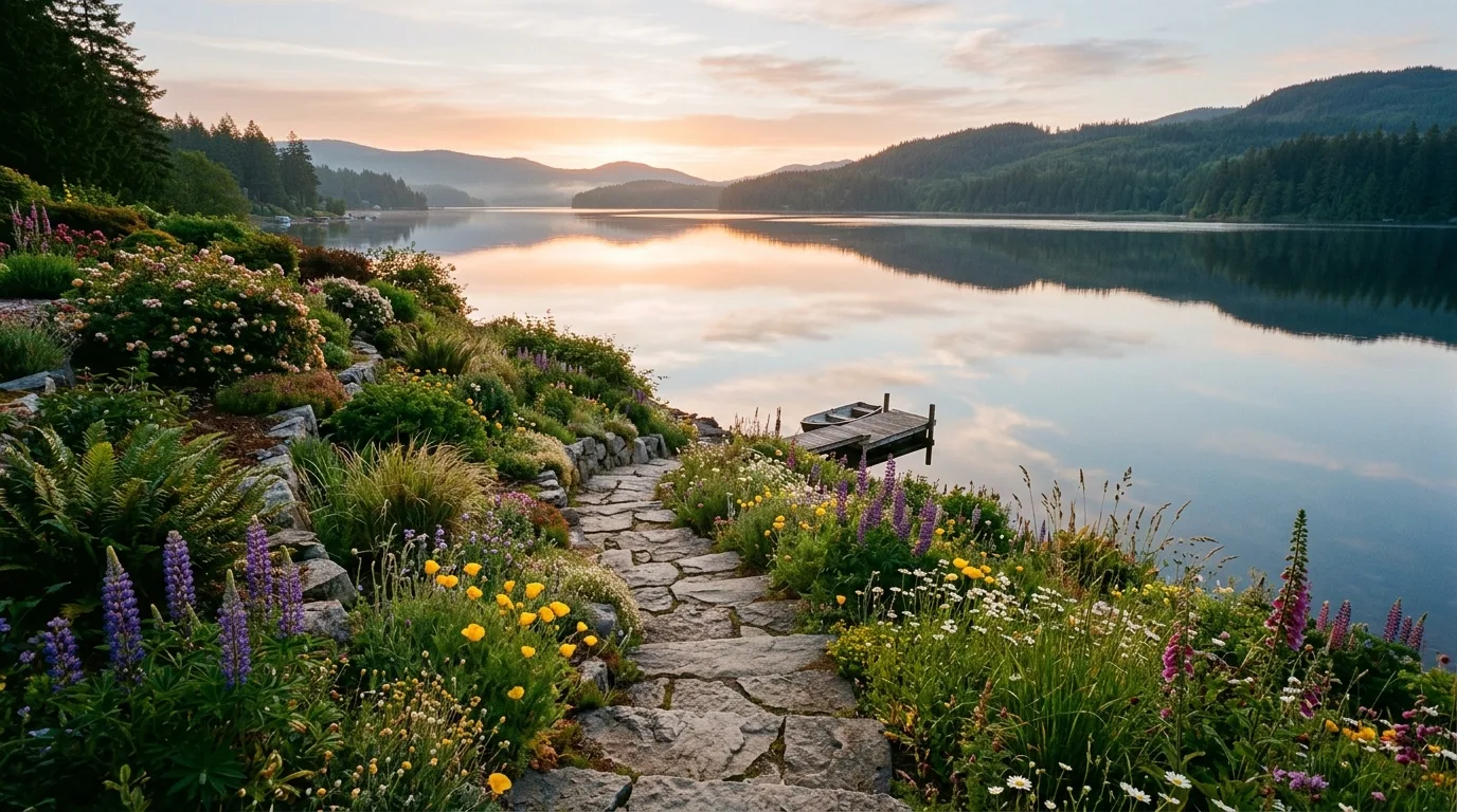 A lakeside landscape with fire pit court facing sunset water views, no people
