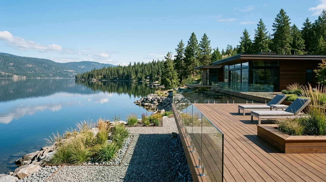 A serene lakeside shoreline landscape with grasses and natural planting, no people