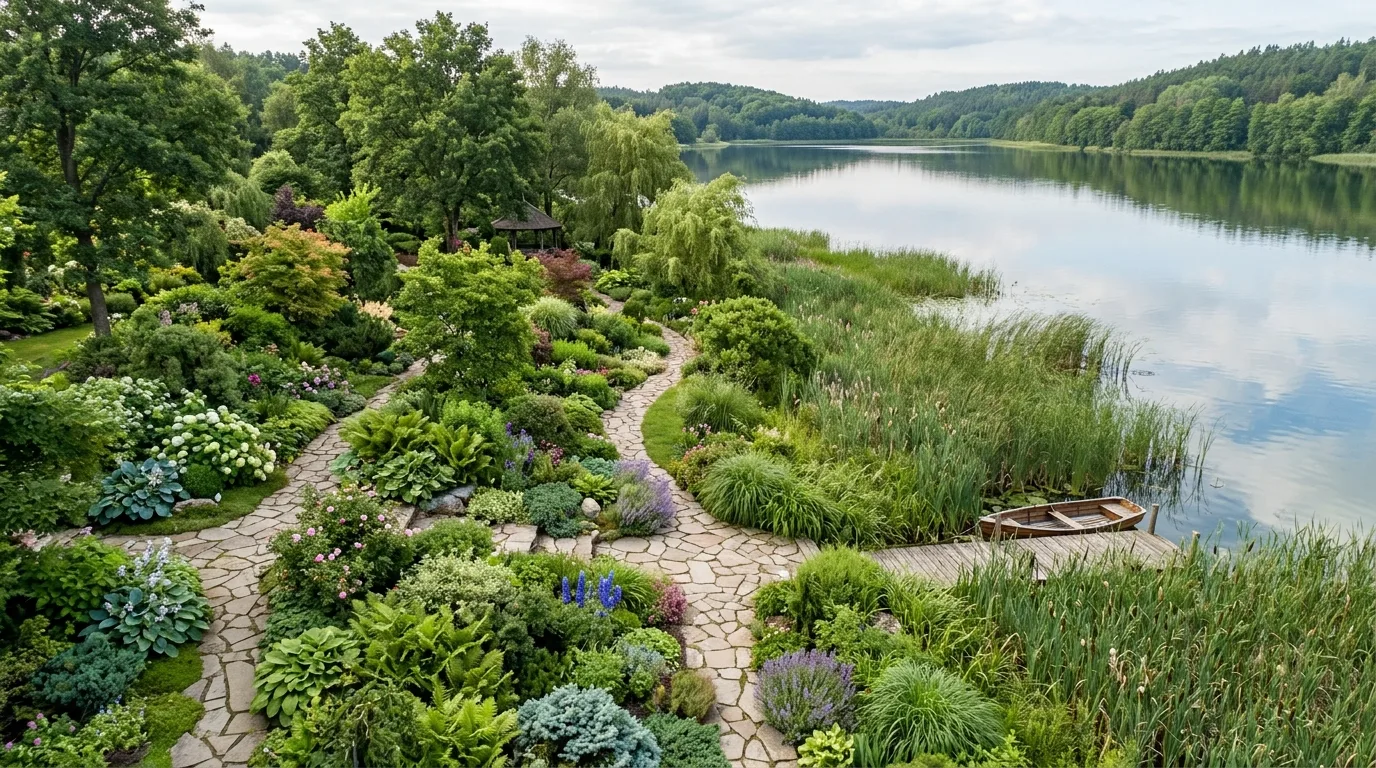 A serene lakeside landscape with broad lawn and open horizon, no people