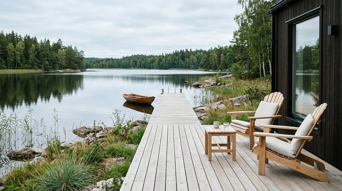 A lakeside landscape with stone stair path to the shore, no people