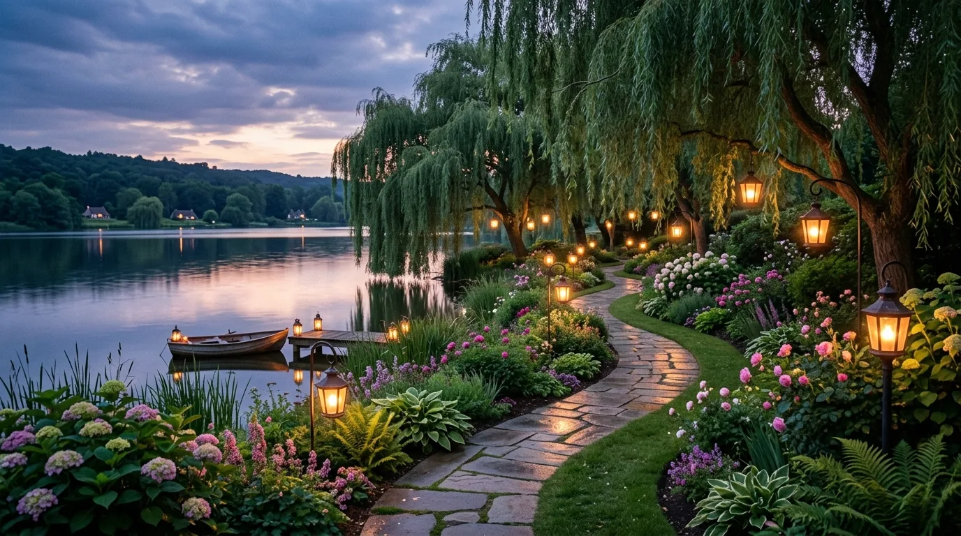 A lakeside landscape around boathouse with grasses and weathered textures, no people