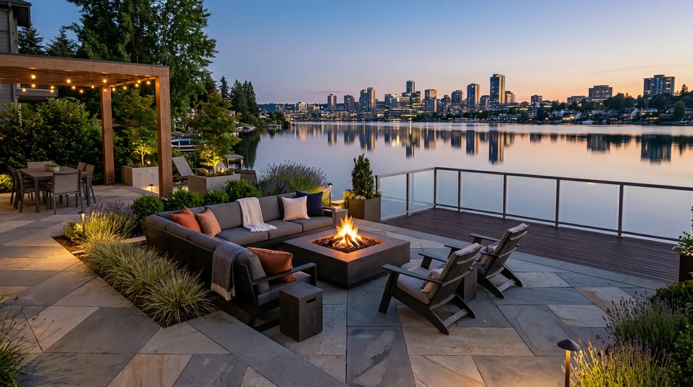 A lakeside landscape with pebble shore and soft planting, no people