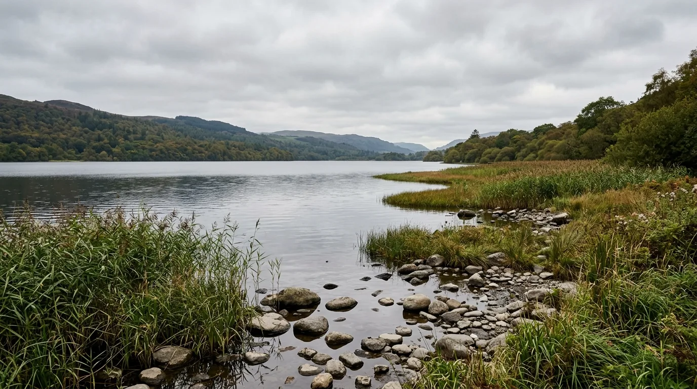 A serene lakeside landscape with secluded reading nook by the water, no people