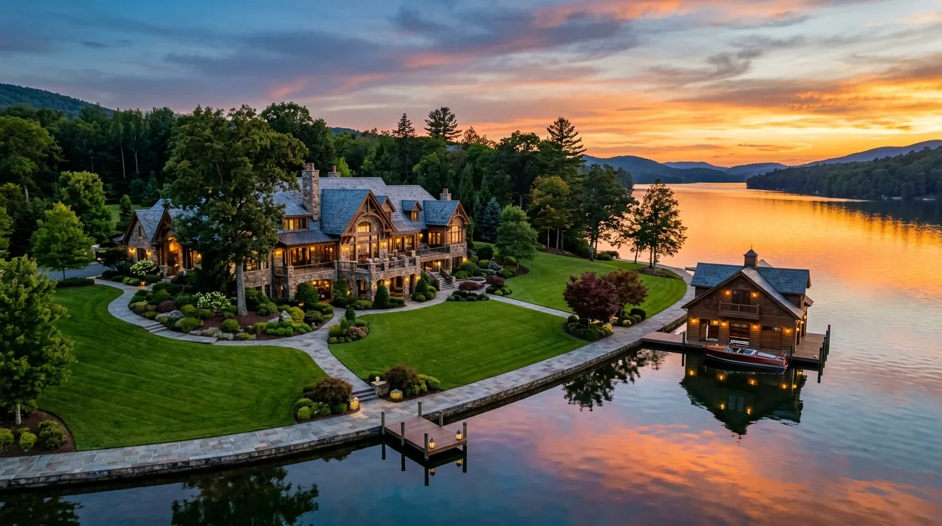 A serene lakeside landscape designed around calm water views, no people
