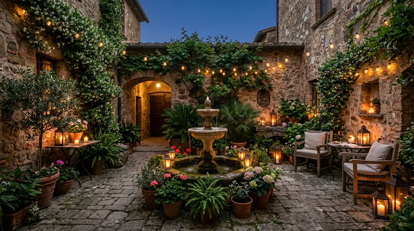 An intimate courtyard landscape with central fountain and stone paving, no people