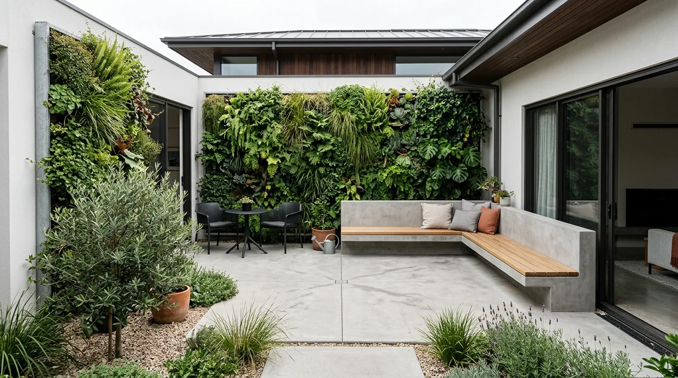 A private courtyard landscape with vine covered walls, no people