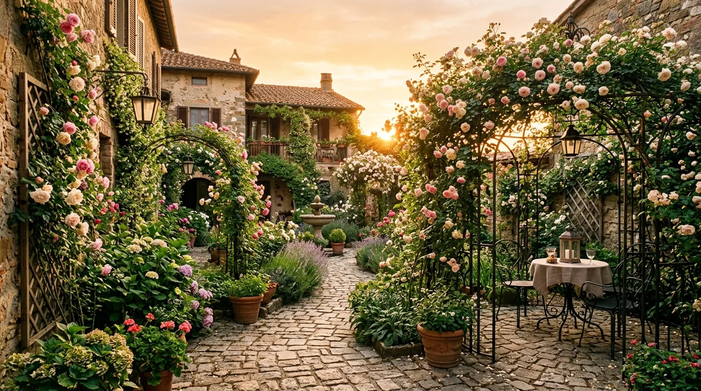 An intimate courtyard landscape with small tree and gravel, no people