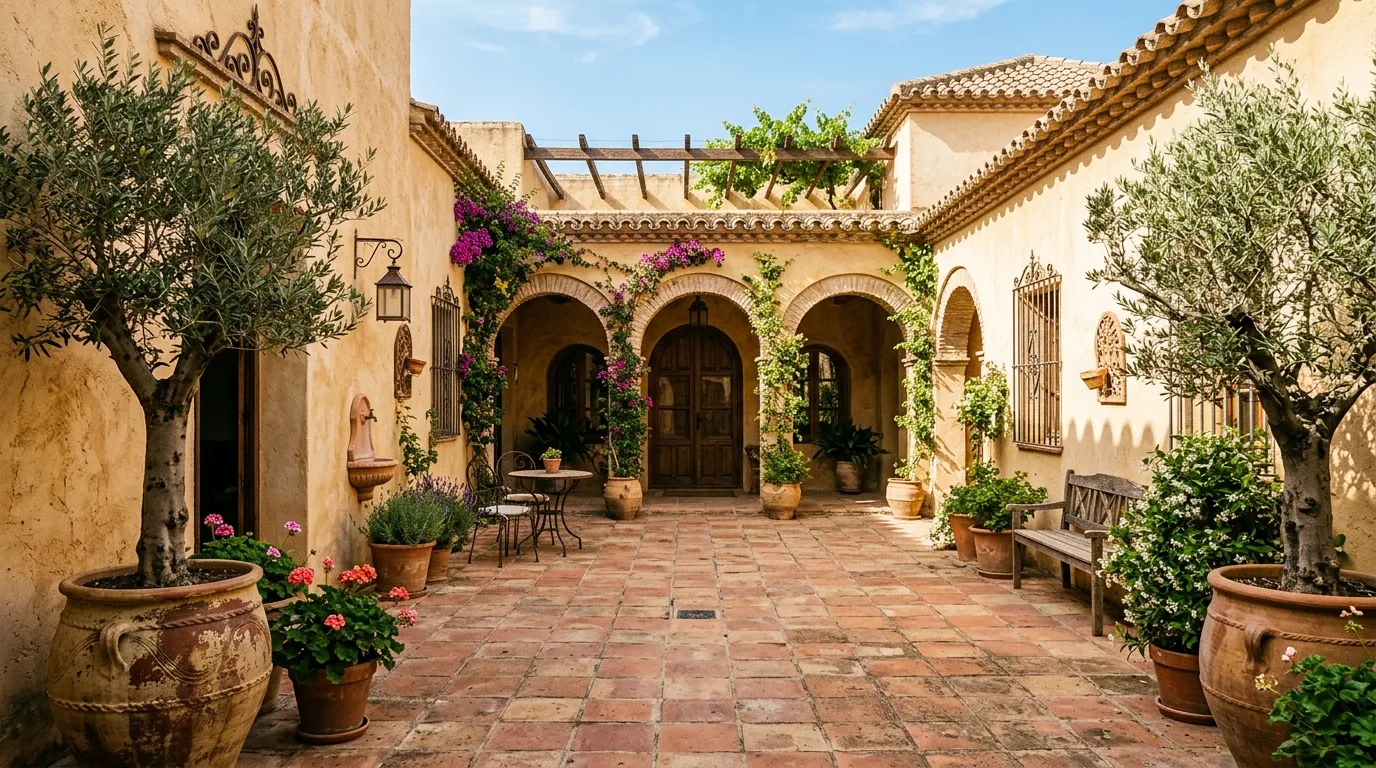 A courtyard landscape with dining area clipped greens and lantern light, no people