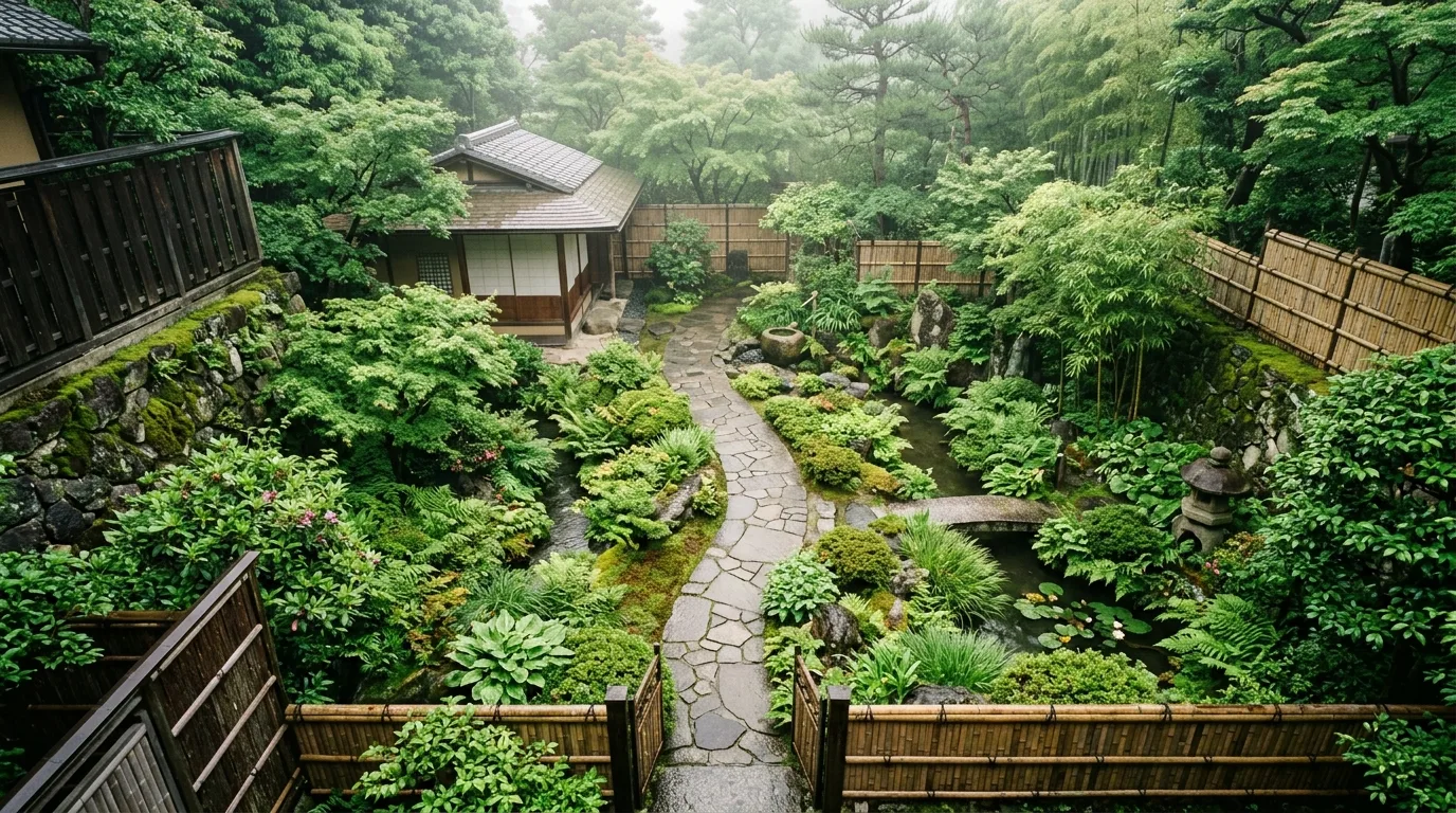 A modern courtyard landscape in black and white with minimal planting, no people