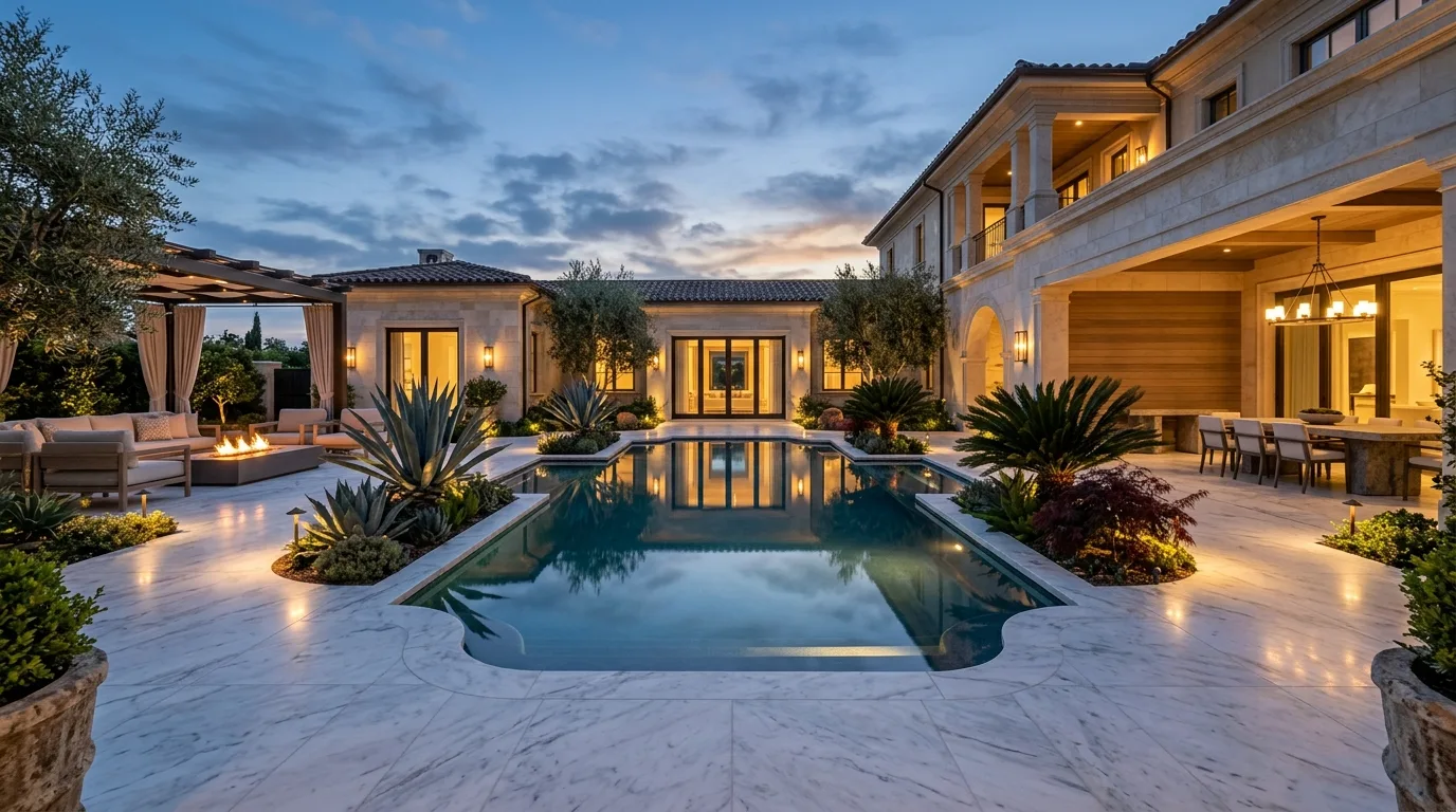 An intimate Mediterranean courtyard landscape with terracotta pots and olives, no people