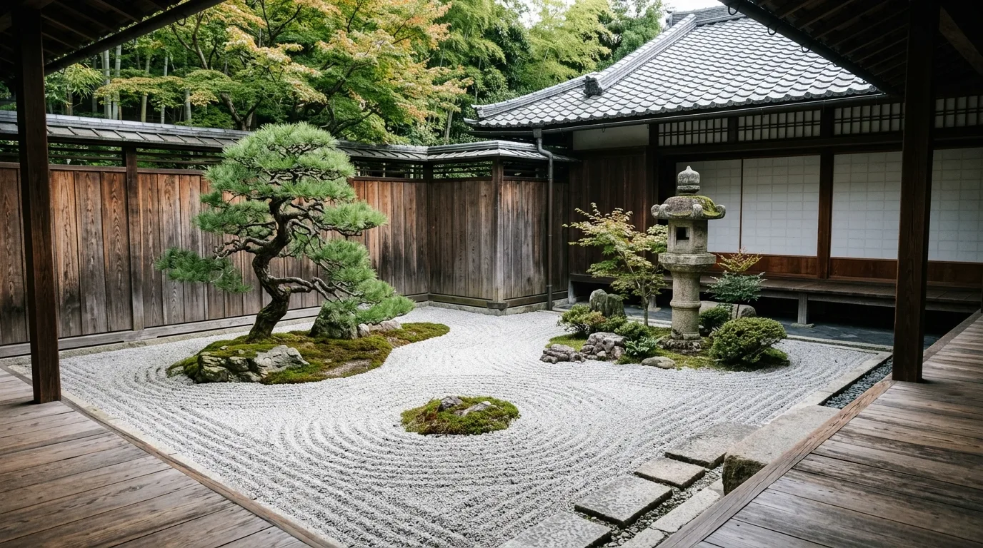 A shaded private courtyard landscape with ferns and cool green planting, no people