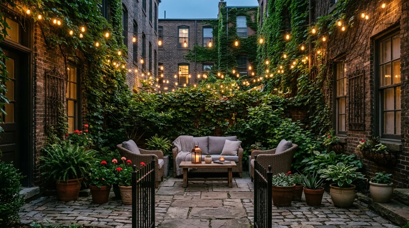An intimate urban courtyard landscape with mirrors and planted depth, no people