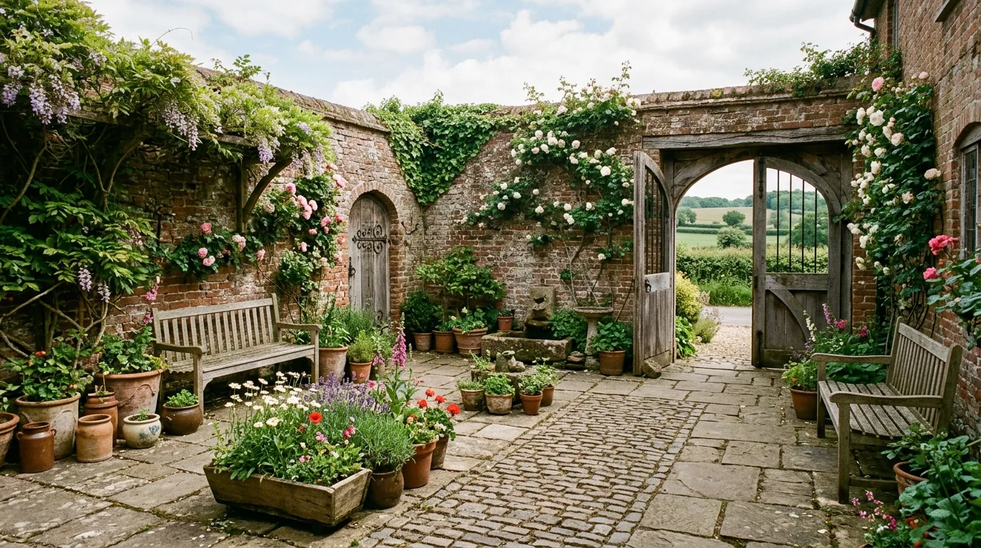 A private courtyard landscape with fire bowl and warm evening mood, no people