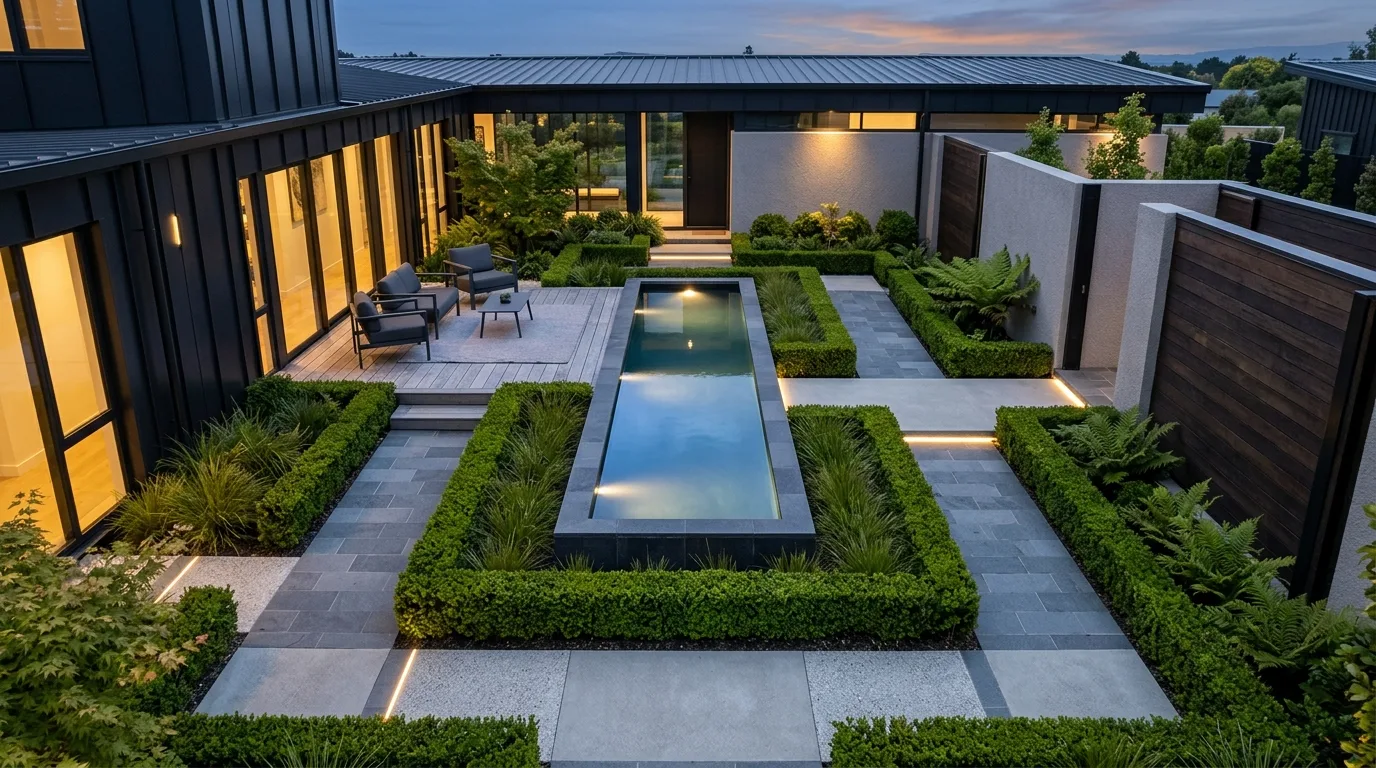 An intimate courtyard landscape with stone bench niche, no people